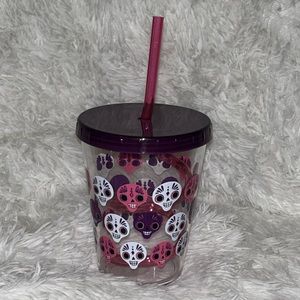 Sugar Skull Pattern Plastic Tumbler With Swirl Straw